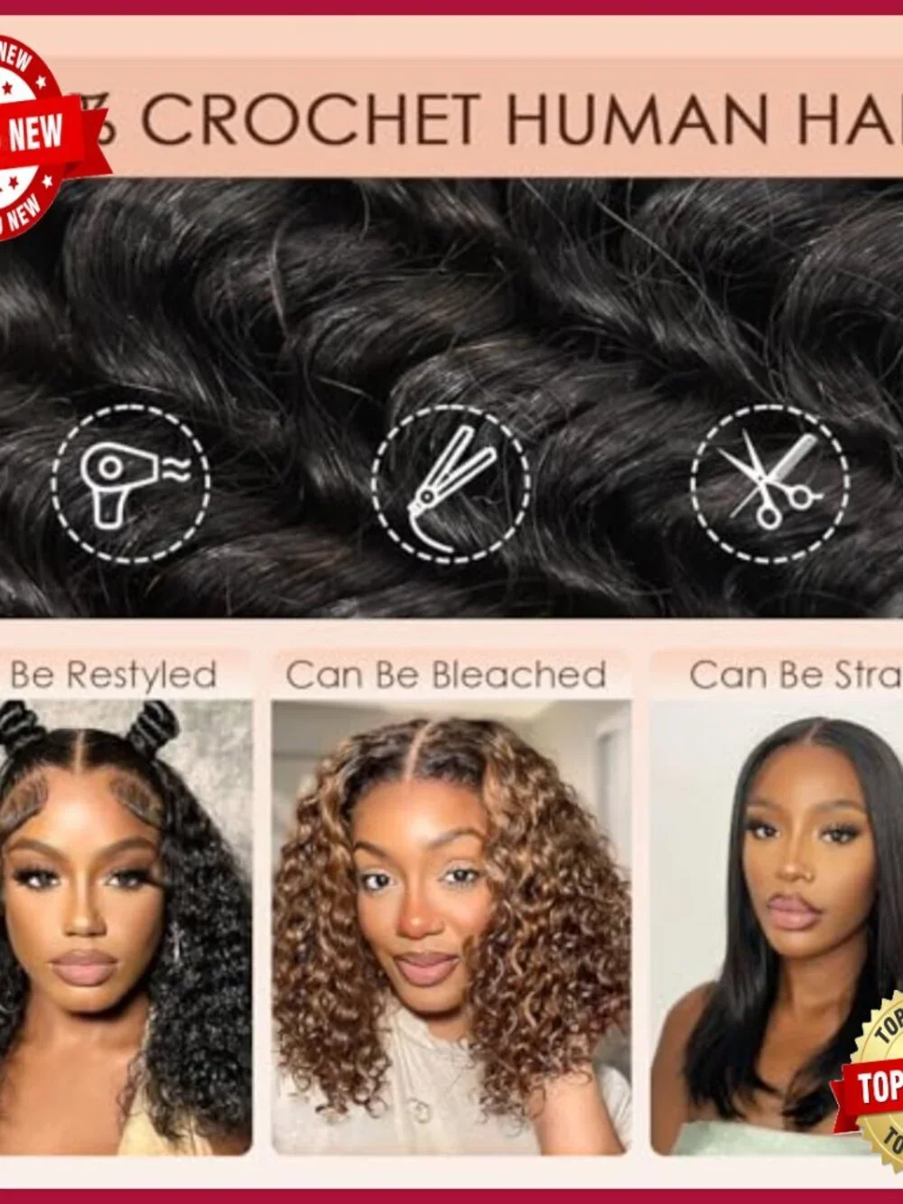 22 Inch Human Hair Crochet Extensions Deep Wave Pre-Separated 50g